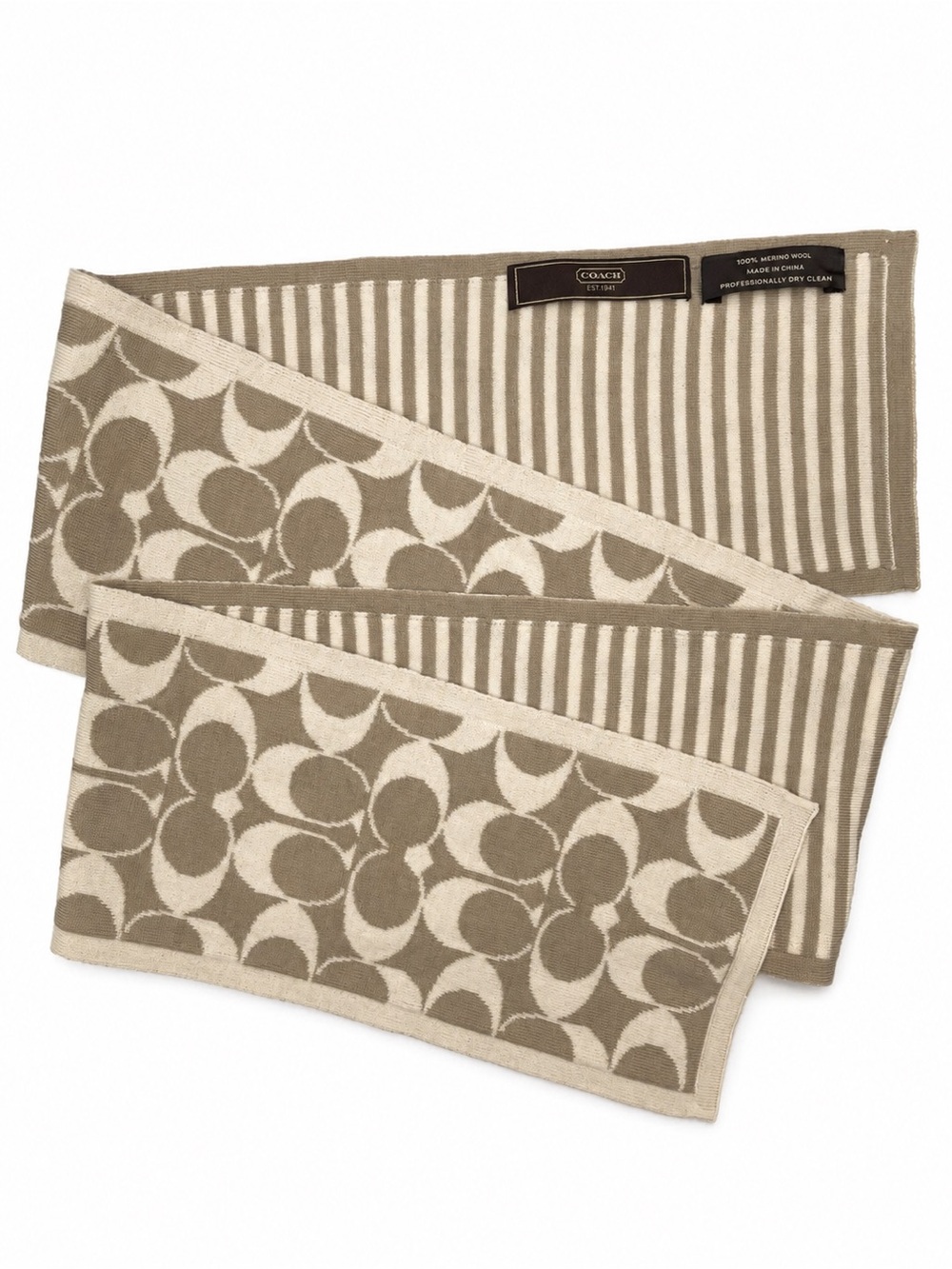 Coach Signature Reversible 100% Merino Wool Scarf Beige Ivory Tan C Logo Muffler